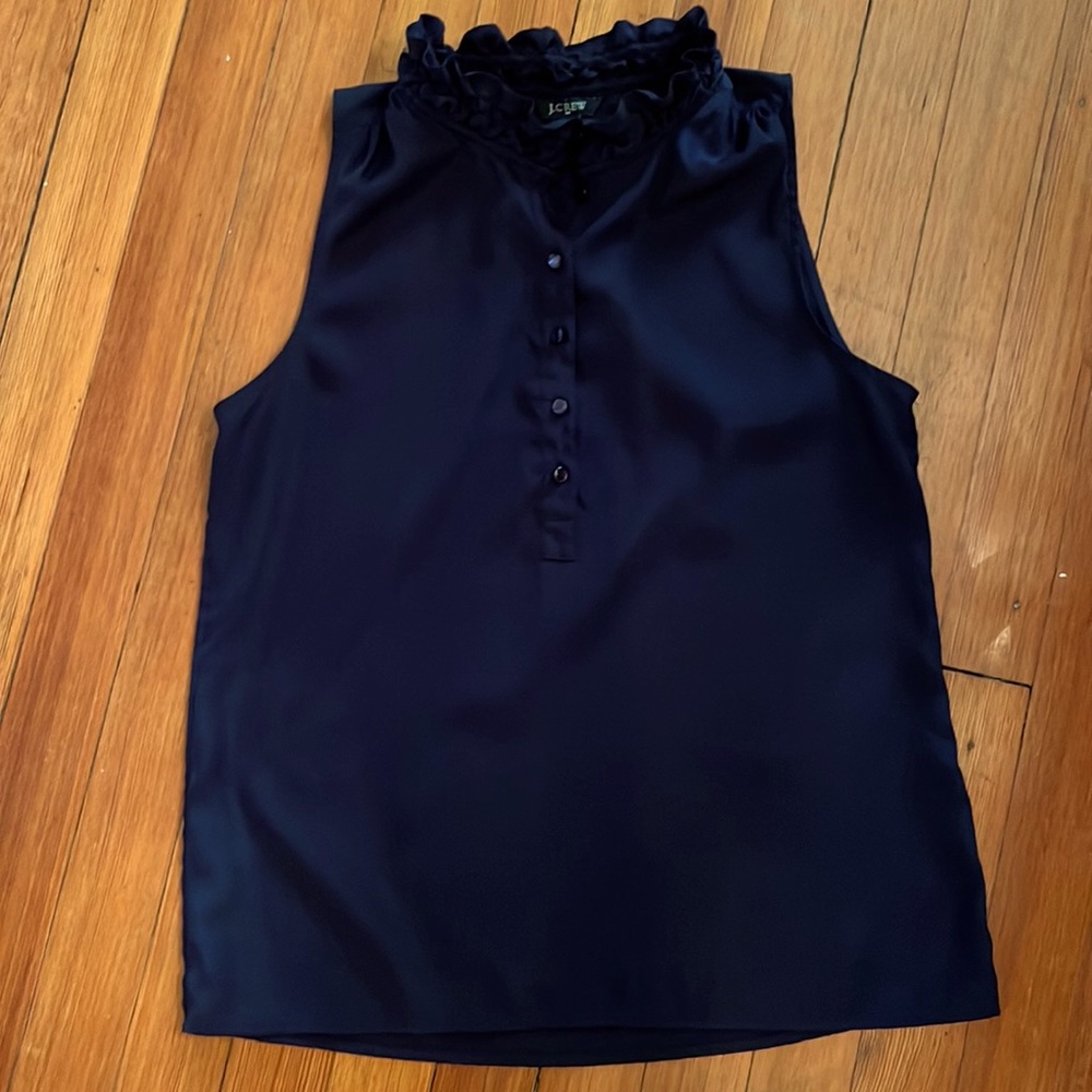 J. Crew Sleeveless Dark Blue Blouse Ruffled Collar Size 6